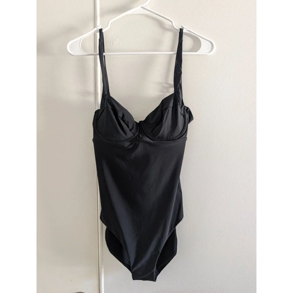 Quince Italian Underwire One Piece Swimsuit Medium Tie Back SPF Black NWT